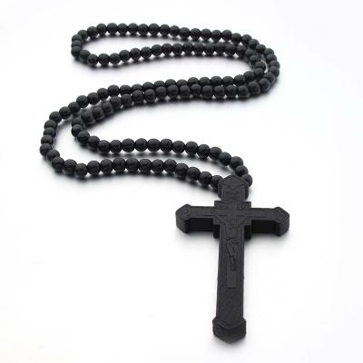 China Hiphop Cross Jesus Wood Necklace Pendant for Women Men Wooden Beads Cut Out Male Jewelry Long Catholic Rosary Necklaces for sale