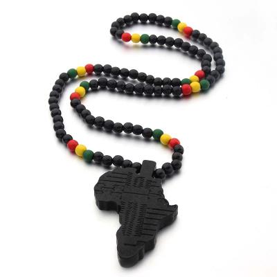 China New Arrival Hiphop Africa Map Necklace For Men And Women Wooden Bead String Necklace Hip Hop Pendant Jewelry for sale