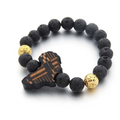 China Other 20CM Black Gold New Style Jewelry Planted Lava Stone Bracelet With African Wooden World Map Pendant For Women Men for sale