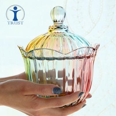 China Viable New Design Cheap Home Decorative Weddings Favors Colored Glass Candy Jars With Glass Cover for sale