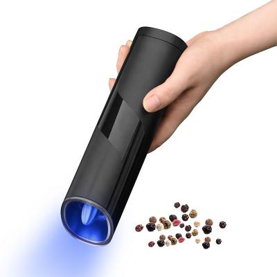 China New Sustainable Battery Kitchen Instrument Powered Black Electric Pepper Grinder Mill Gravity Salt Pepper Grinder With LED Light for sale