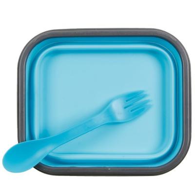 China Fold most selling sqiare ware single portable latch bento box silicone folding lunch box with fork for sale