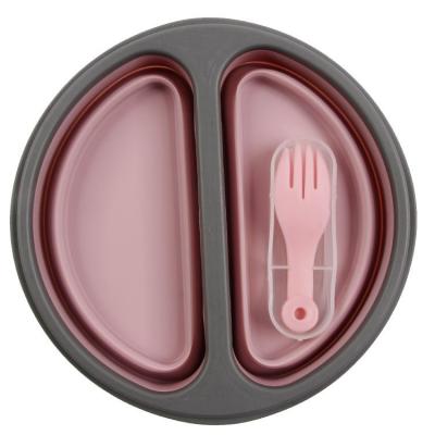 China Hot Selling Portable Double Compartment Folding Flat Silicone Folding Bowl With Fork for sale