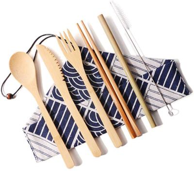 China Sustainable Reusable Kitchen Travel Bamboo Wooden Utensils Forks Knives Chopsticks Spoons Straws Brushes Flatware Spoon Set With Cloth Bag for sale