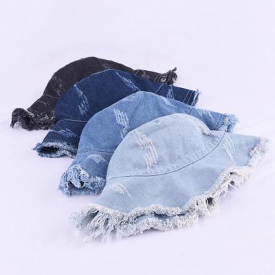 China Fashion\Comfortable Distressed Wide Brim\Durable Worn Fringed Jean Denim Fisherman Bucket Hats For Woman for sale