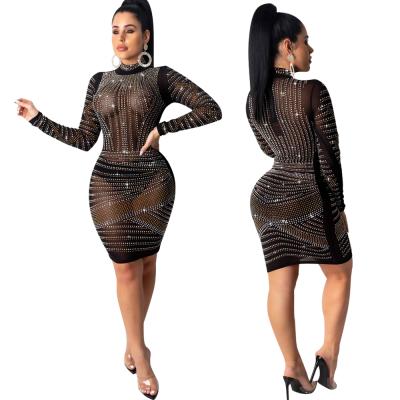 China Wholesale Plus Size Long Sleeve Rhinestone Dress Womens 2021 Black See Through Mesh Dress for sale