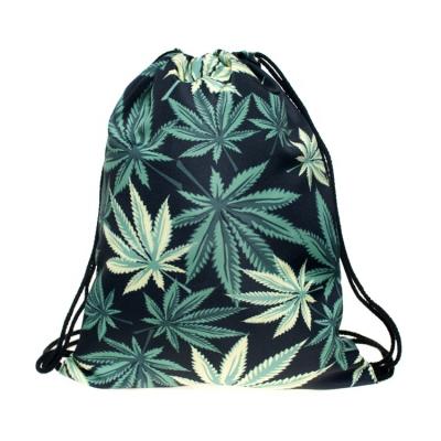 China Polyester Wholesale Ripstop Hemp Leaf Folding Digital Printing Drawstring Backpack for sale
