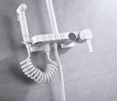 China CBM Manufacturer Pure White Color Hotel Style Expensive 4 Functions Slide Bar Simple Family Tub Faucet Bath Shower Set For Bathroom for sale