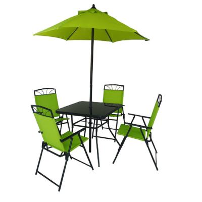 China Modern 6-Piece Patio Garden Set with Table, Umbrella, and 4 Collapsible Chairs for sale