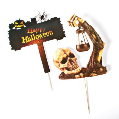 China Led Happy Cake Topper Halloween Cupcake Topper Cartoon Skull Halloween Cake Topper Decorative Paper Card For Kids Halloween Decor for sale