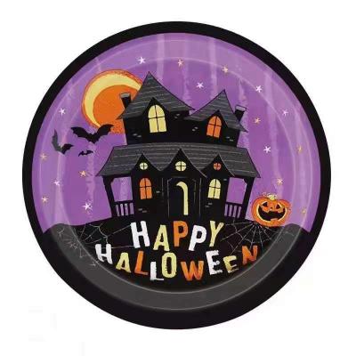 China paper & 2022 New Halloween Plastic Theme Purple Haunted House Halloween Paper Soup Plate Tableware for sale