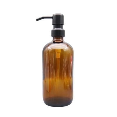 China Custom Amber Household Products Logo 500ml Stainless Steel Pump Bath Liquid Soap Set With Empty Glass Bottle For Hand Wash Lotion for sale