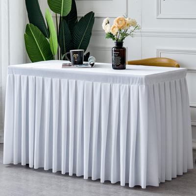 China Durable White Pleated Velvet Table Cover For Party Birthdays Show Meeting Exhibition Rectangular Table Plush Plain Table Skirt for sale