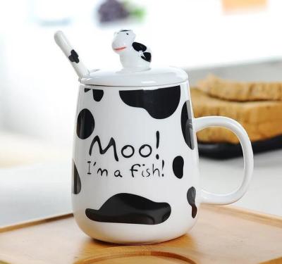 China Sustainable Breakfast Milk Mug For Kids Ceramic Mug 400ml Cute Cow Spotted Ceramic Mug With Lid Spoon Mug Office Water Cup Cup Milk Mug for sale