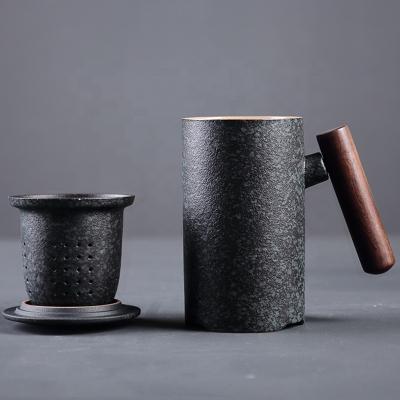 China 2020 China Factory New Product Viable Japanese Wood Handle Filter Cup Ceramic Tea Cup With Custom Logo for sale