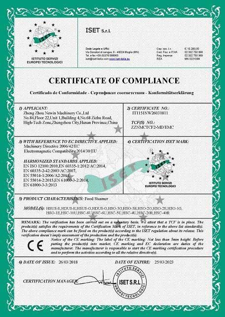 Certificate of Compliance - Zhengzhou Newin Machinery Co., Ltd.