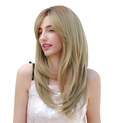 China Women Straight Blonde 24 Inch Wig With Shoulder Length 613 Layered Hair Straight Bangs Wig Full Lace Wig for sale