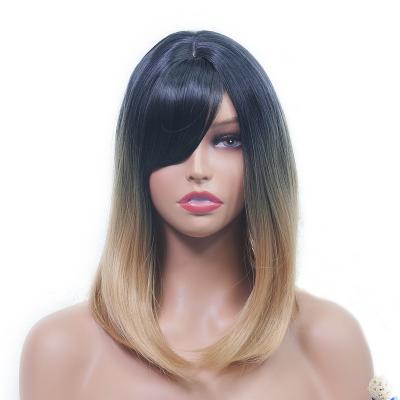 China Ombre Silky Straight Medium Straight Black Gold Length Wave Synthetic Wigs With Bangs For Women Daily Cosplay Hair Heat Resistant Wigs for sale