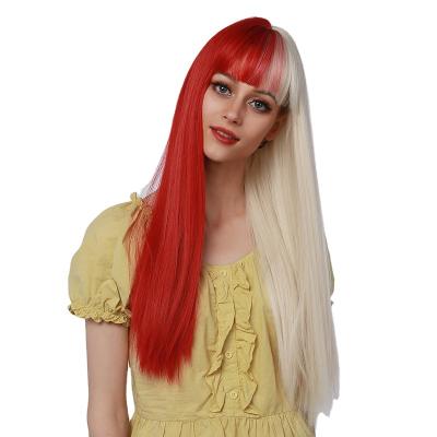 China New Fashion Cosplay Hair Long Two Tone Color Straight Wigs Red and White Synthetic Wigs With Bangs for sale