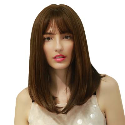 China Bob Straight 18 Inch Brown Long Bob Hair Wig With Bangs Wigs For Women Fashion Natural Synthetic Cute Colored Wigs For Daily Party Cosplay for sale