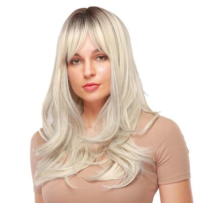 China Long Curly Blonde Boby Wave Women's Synthetic Wigs For Women With Bangs Black Root Hair Light-blonde Wigs For White Women for sale