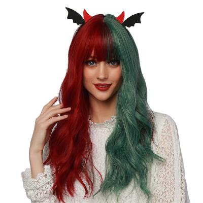 China New Fashion Halloween Hair Body Wave Long Curly Green And Red Synthetic Wigs With Bangs For Women Cosplay for sale