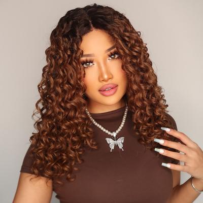 China New Brown Color Women Kinky Curly Wigs Heat Resistant Kinky T-Part Lace Front Synthetic Fashion Style Wigs for sale