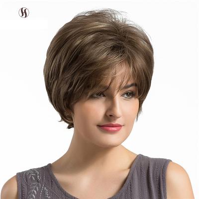 China Brown Straight Short Pixie Short Wigs With Layered Bangs Cut Natural Synthetic Hair Wig For Women for sale