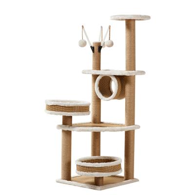 China Multi-Layer Jumping Platform Tree Villa Scratcher Comfy Natural Comfortable Pet Rattan Mat Cat Toy Breathable Kitten Climbing Frame for sale