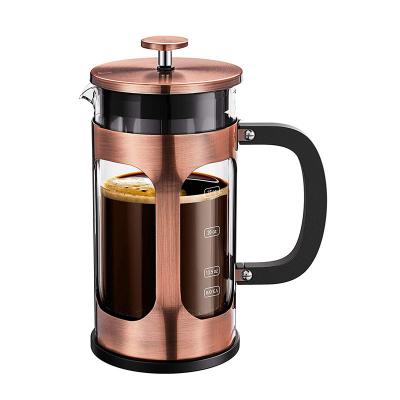 China Viable Hot Selling Amazon Borosilicate Press Glass Coffee Plunger Copper Camping Coffee Thickened Heat Resistant French Pot for sale