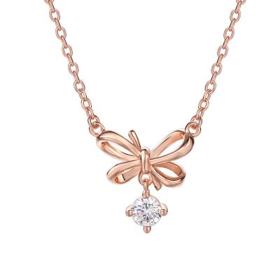 China 2022 Custom Bowknot Silvery Rose Gold Plated Cubic Zirconia Fashion Delicacy 925 Jewelry Dangling Necklace For Women for sale