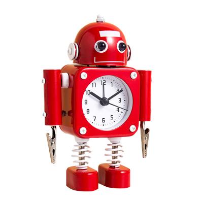 China Robot Design Robot Alarm Clock Table Clocks Non-ticking Stainless Metal With Eye Lights And Hand Flashing Clip for sale