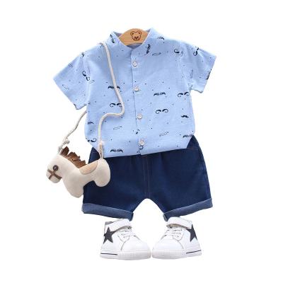 China Wholesale Casual Summer Kids Wear Boys Clothing Beard Printing Short-sleeve Denim Shorts Child Two-Piece Shirt for sale