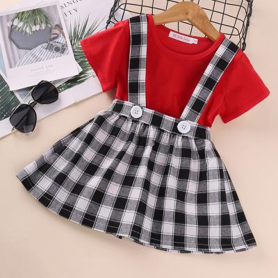 China Breathable Kids Clothes Babies Clothing Sets New Summer Red Princess T-shirt + Plaid Strap Skirt 2 PC Suit for sale