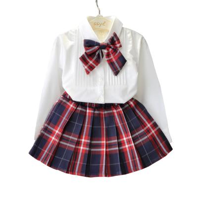 China Autumn Kids Baby Girl Clothes Casual Long Sleeve T-shirt+Grid Border Casual Student Girls' +bowknot Costumes 3PCS Clothing Sets for sale