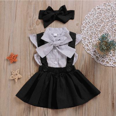 China Breathable Babies Clothes Sets 2020 Summer Dot Flying Sleeve Shirt+Strap Dresses+Headband Kids Clothing Suit for sale