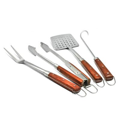 China Easily Cleaned Heavy Duty BBQ 4PCS Grill Set Stainless Steel BBQ Grill Rose Wooden Handle BBQ Accessories Tool Kit for sale