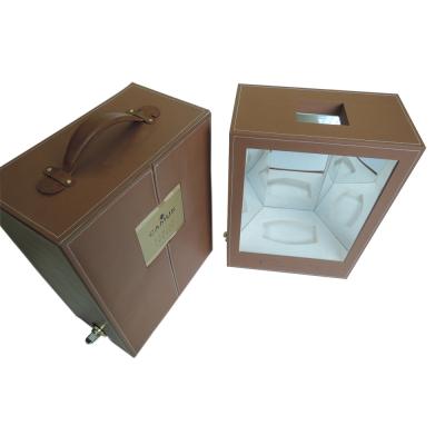 China Luxury Cardboard Wine Packaging Box With Handle Leather Wine Glass Display Box for sale