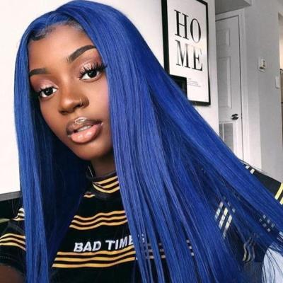 China Antimi Hair Wholesale 8A 100% Silk Straight Raw Hair Lace Front Wig Cuticle Aligned Virgin Hair Lace Frontal Wigs 13X4 Blue Colored Wig for sale