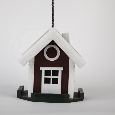 China Viable Handcrafted Colorful Wooden Bird Feeder / House With Felt Roof And Metal Hook Hanging for sale