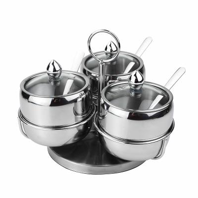 China Sustainable SUS 304 Stainless Steel Sugar Jar Bowls Spice Box With Glass Lid And Spoon Sets for sale