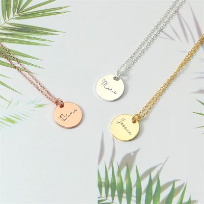 China Customized FASHIONABLE Logo Disc Circle Name Engraved Metal Personalized Dainty Gold Plated 925 Silver Coin Necklace for sale