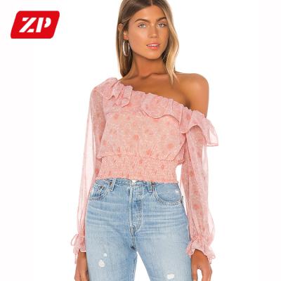 China Breathable Ladies Clothing Tops Long Sleeve Chiffon Jacquard Smocks Off The Shoulder Ruffles Ladies Casual Blouse for sale