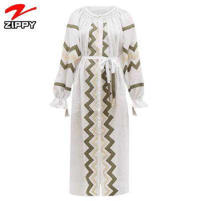 China Anti-static Hot Sales Summer Bohemian Style Embroidered Linen Dress With Linen Cotton Fabric for sale