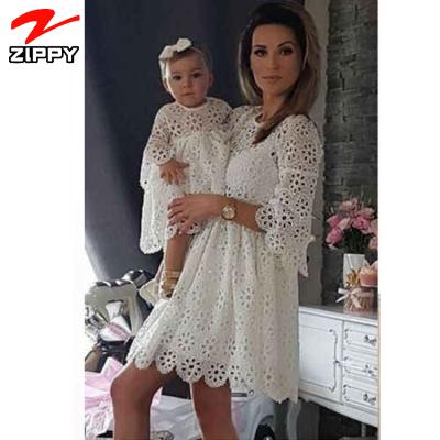 China QUICK DRY matching outfits new product family mother and daughter summer lace flower hollow out dress fashion mommy and me outfits for sale