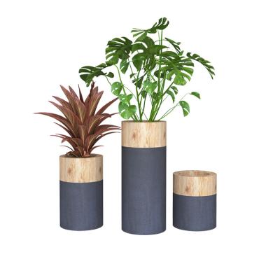 China European Design Cylinder Fiberglass Planter Interior Wood Grain Joint Decorative Pot Holder Northern Europe for sale