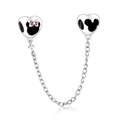 China Hot Sale 925 Sterling Silver Black Enamel Mickey Minnie Asymmetry Safety Chain Charms Fit Pandora Bracelet Jewelry for sale