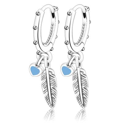 China 2020 Fashion CLASSIC 925 Sterling Silver Bohemia Feather Blue Enamel Heart Loop Stud Earrings for sale