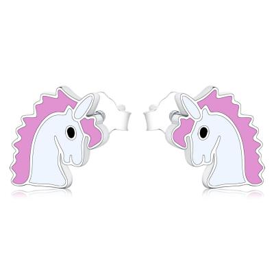 China CLASSIC Women Fashion 925 Sterling Silver Small Animal Horse Pink Enamel Unicorn Pony Stud Earrings for sale