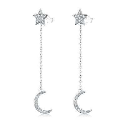 China CLASSIC 925 Sterling Silver Star Moon Link Chain Pave Cubic Zircon Stud Earring Kid Women Mujer Brinco Ear Pendientes for sale